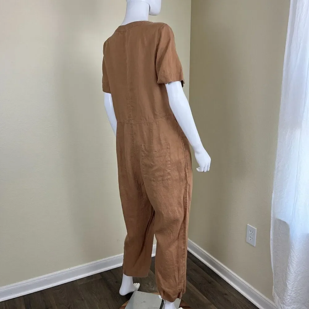 Everlane Women's Size 8 Camel Linen Straight Leg Cropped Jumpsuit Causal Minimal